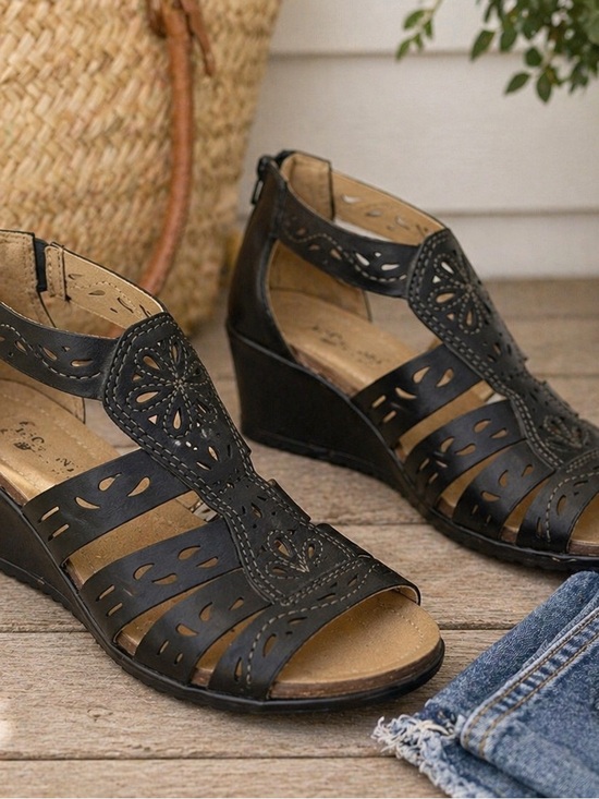 Earth Origins Shoes - Earth Origins Black Cutout Wedge Sandals Comfort Zip 8.5